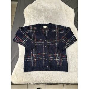 ID Distinction Cardigan Sweater Womens Medium Mohair Plaid Blue Cardigan Sweater